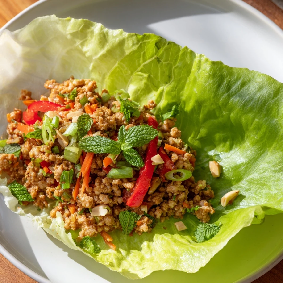 Crisp butter lettuce cups filled with seasoned Thai chicken and colorful vegetables.  
