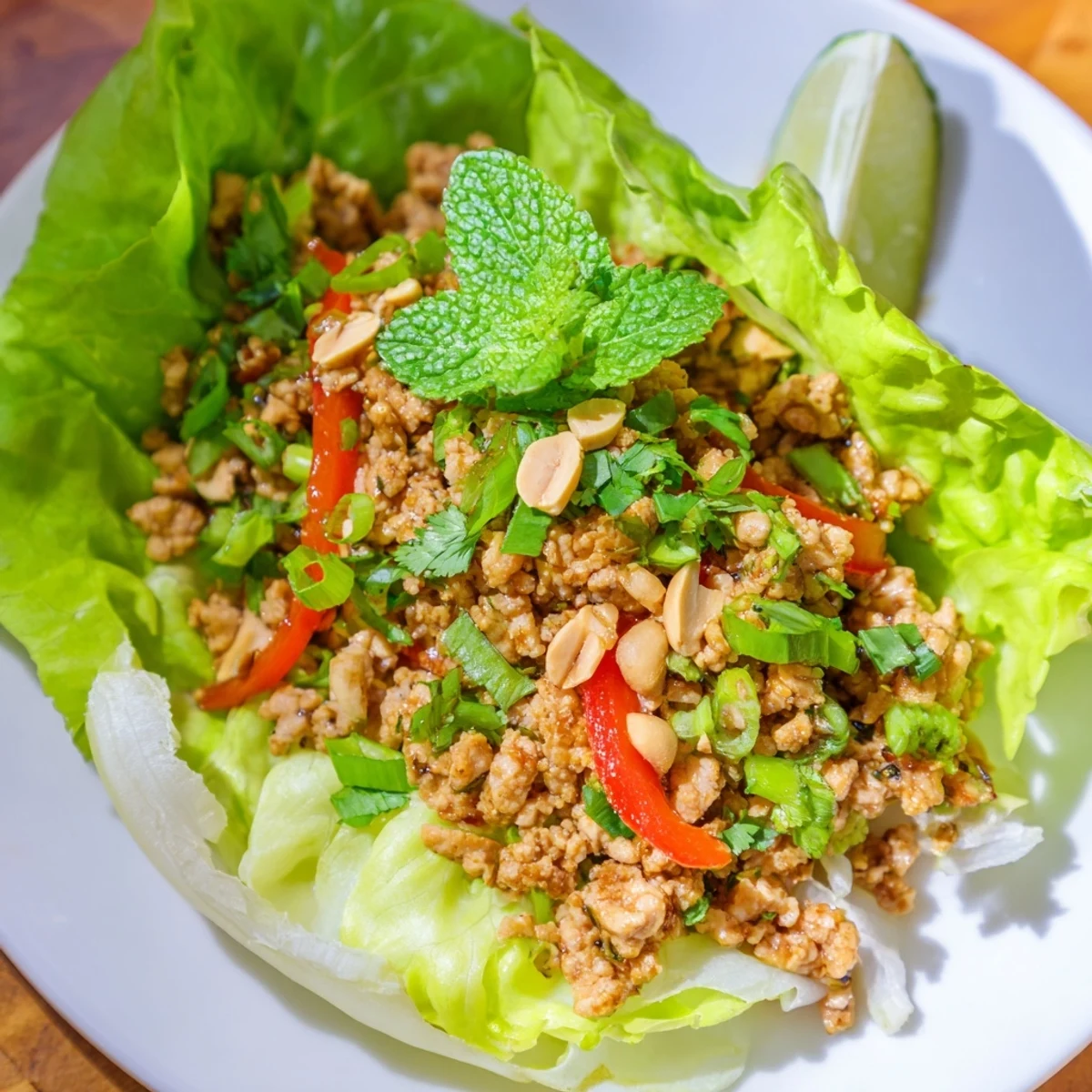 Healthy Thai chicken lettuce wraps garnished with mint, cilantro, and lime wedges.