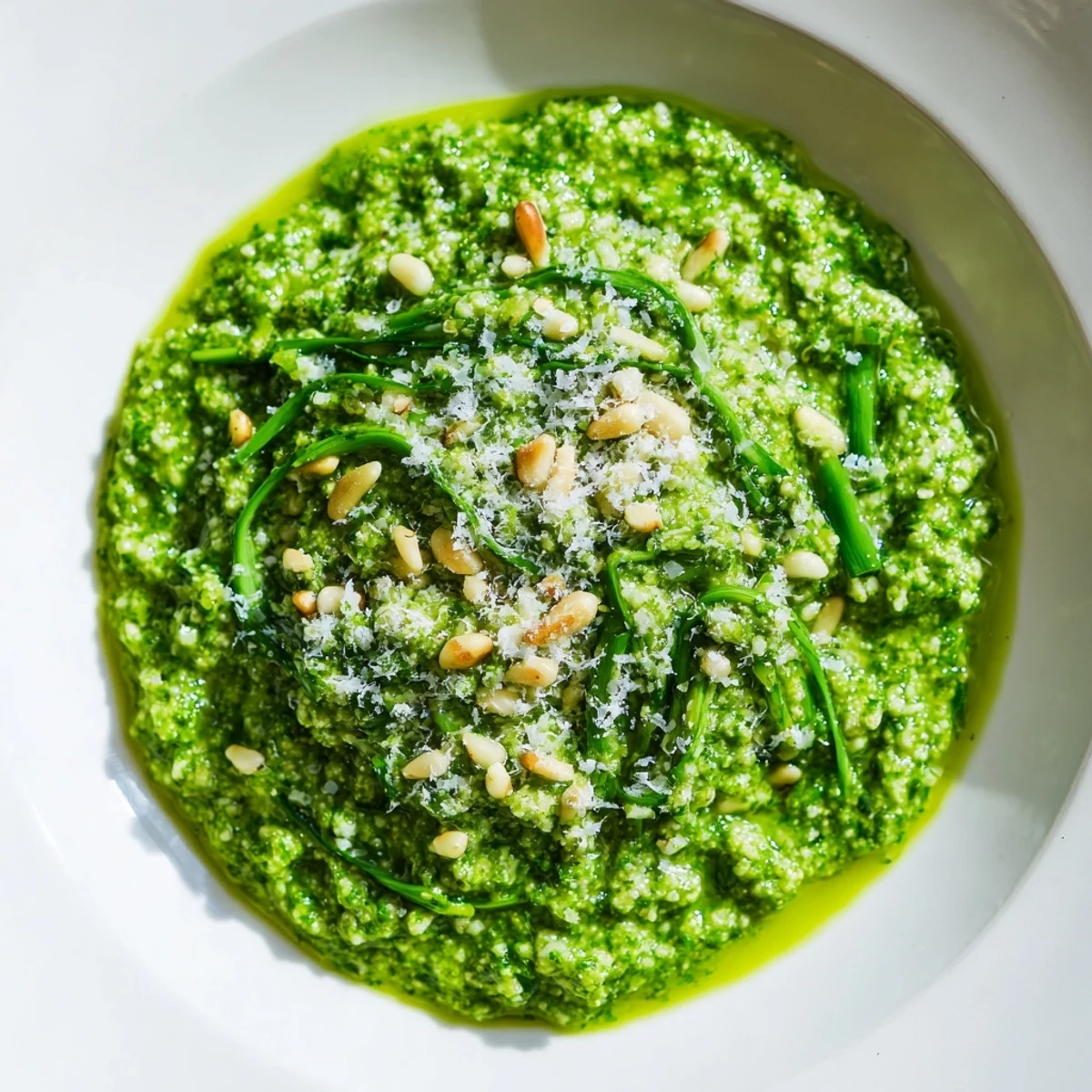 Vibrant green garlic scape pesto ready to toss with fresh pasta.