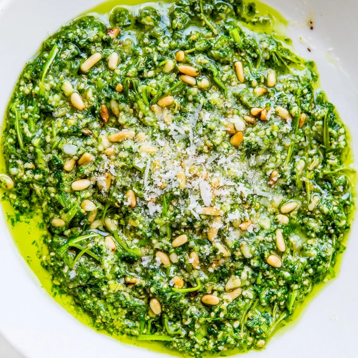 Smooth garlic scape pesto spread on crusty bread with a drizzle of oil.