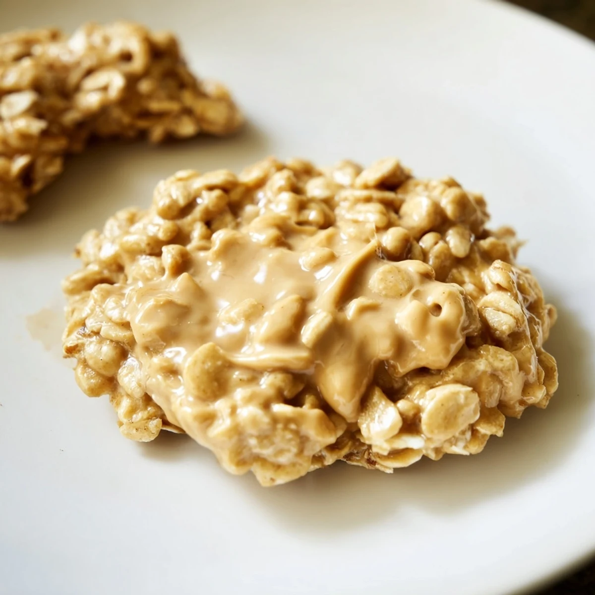 A plate of Peanut Butter No Bake Cookies topped with a drizzle of melted peanut butter.