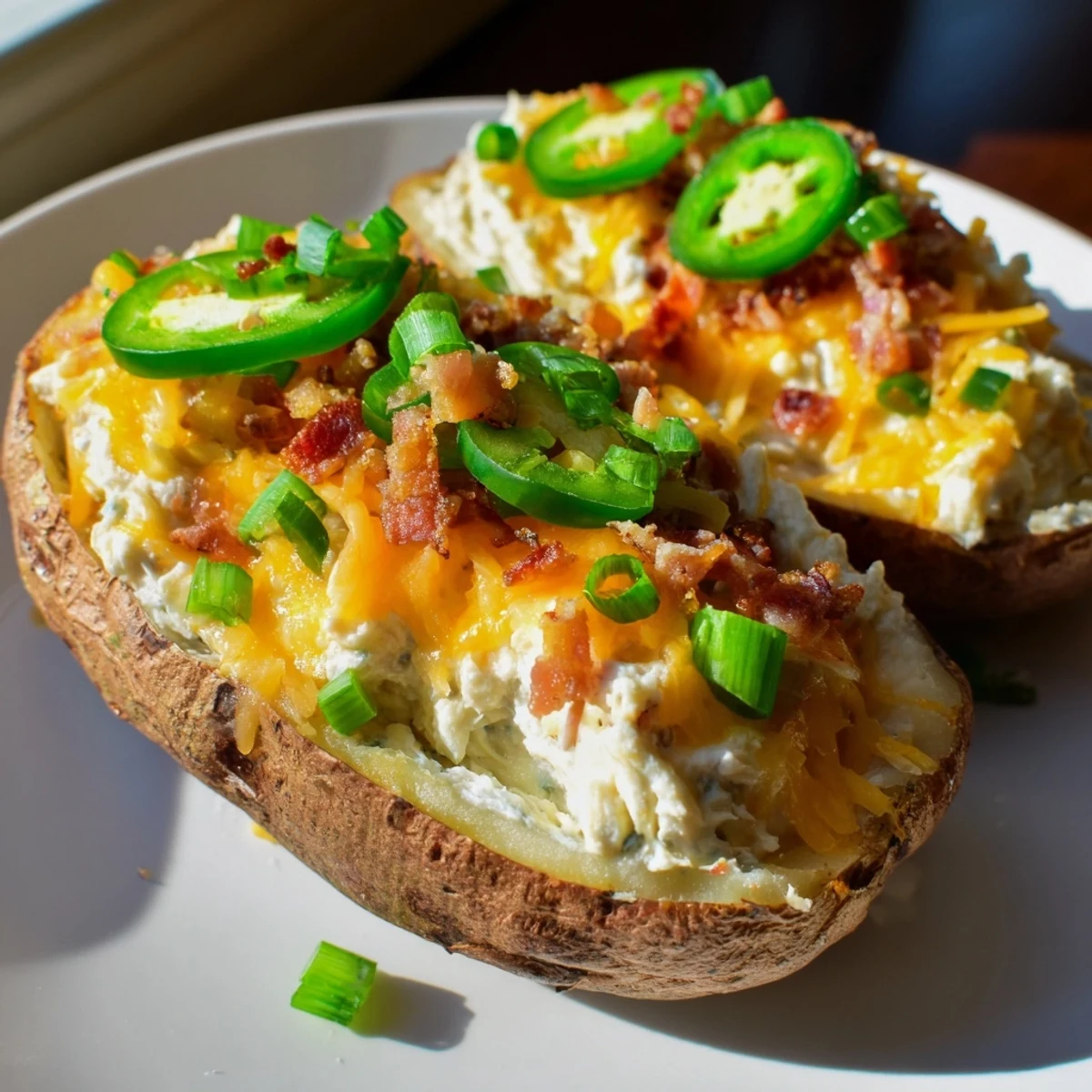 Golden and cheesy Jalapeno Popper Twice Baked Potatoes topped with crispy bacon bits.  