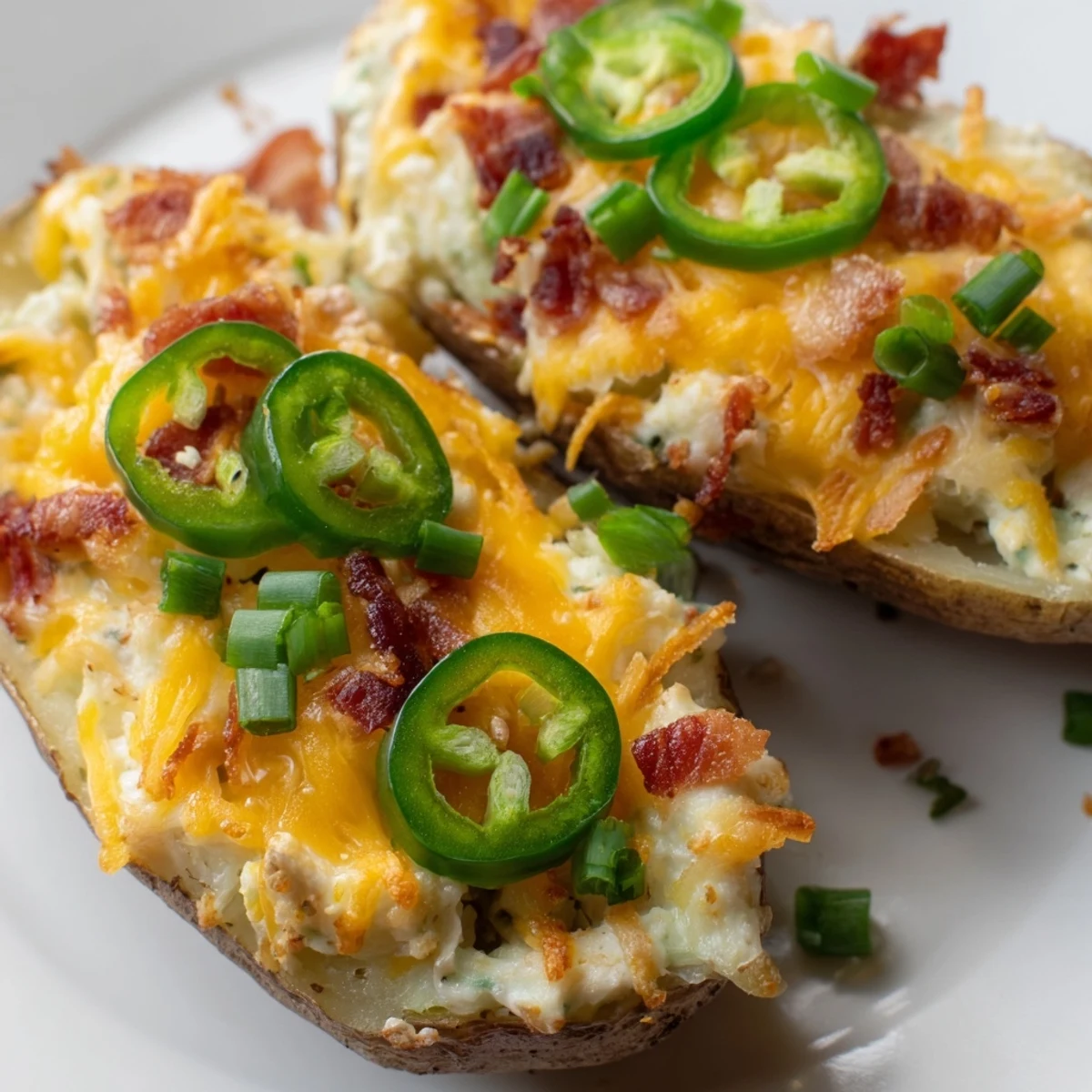 Creamy potato skins filled with spicy jalapenos and melted cheddar for a zesty bite.  