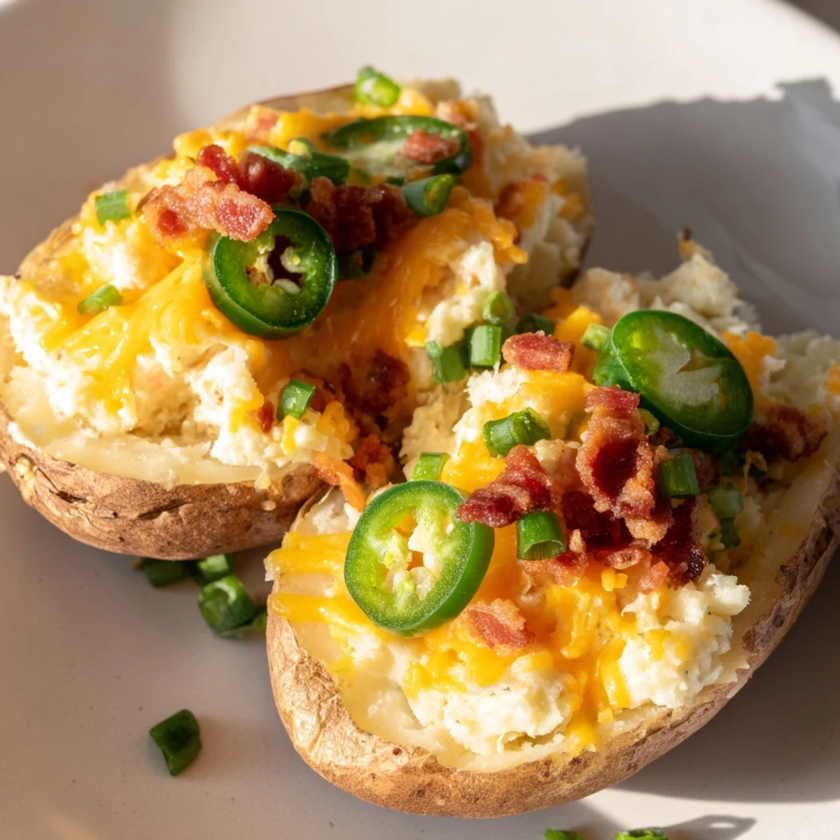 Delicious twice baked potatoes stuffed with tangy cream cheese and diced jalapeno peppers.