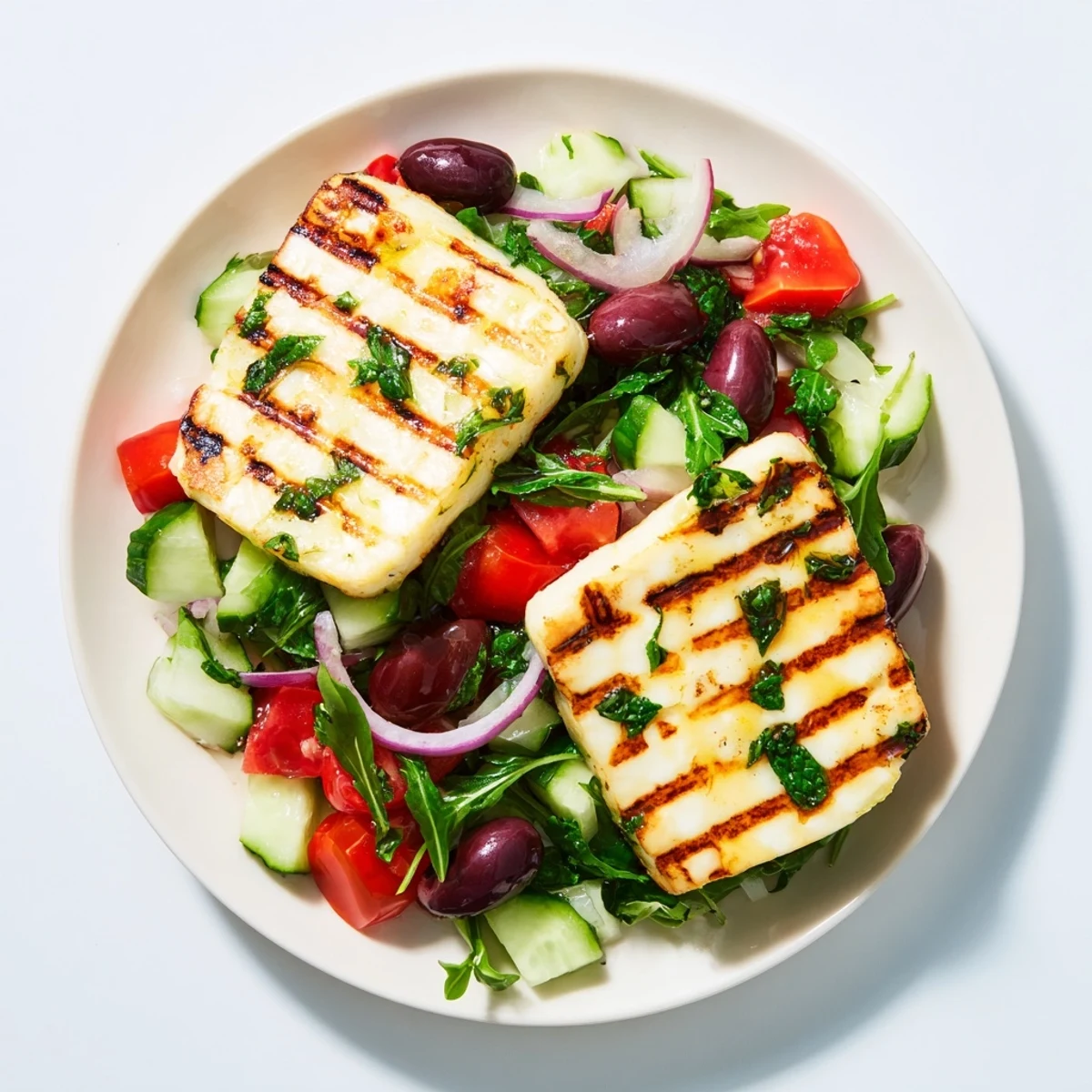 Golden grilled halloumi served atop a fresh Mediterranean salad with vegetables  
