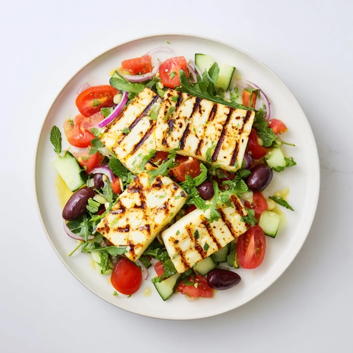 Grilled halloumi with Mediterranean salad featuring crisp veggies and tangy dressing