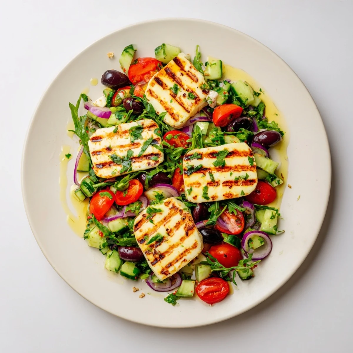 Warm grilled halloumi slices paired with a vibrant Mediterranean salad and herbs  