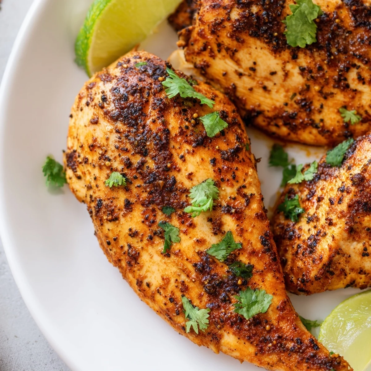 Flavorful spicy jalapeno chicken recipe garnished with cilantro and lime wedges.