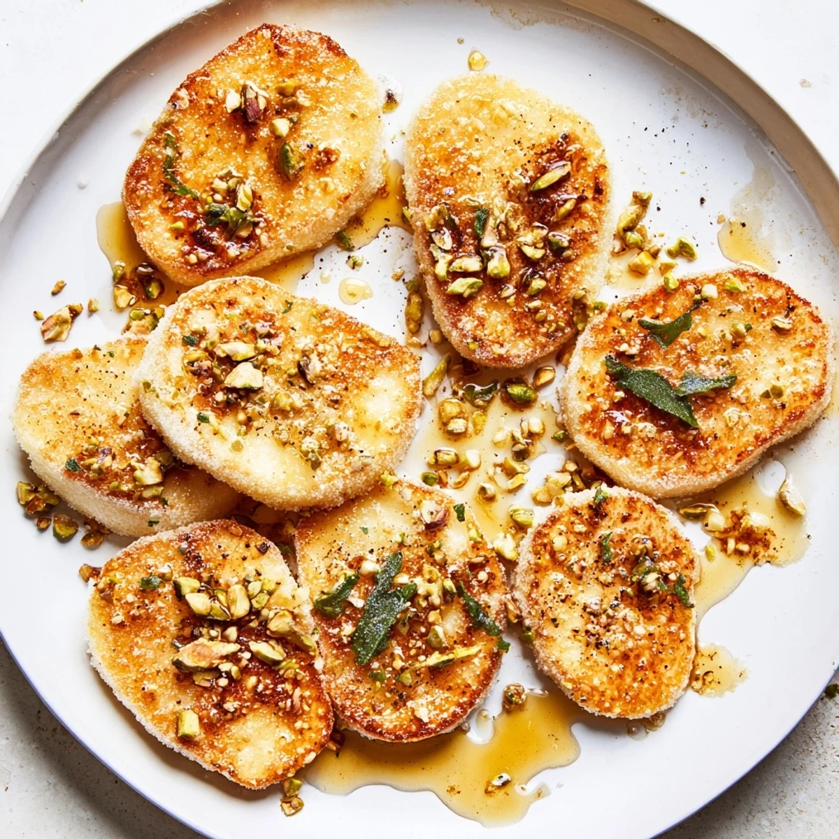Crispy pan-fried Honey Halloumi sprinkled with toasted nuts and cracked black pepper.  