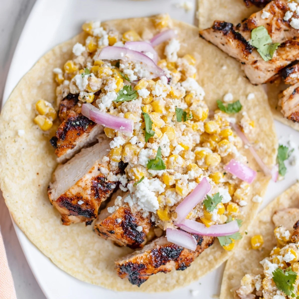 Golden grilled chicken topped with zesty street corn in warm tacos.