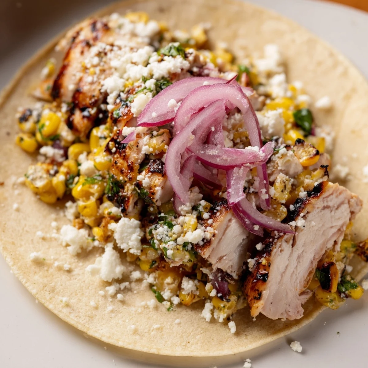 Juicy spiced chicken tacos loaded with creamy corn and crumbled cotija cheese.