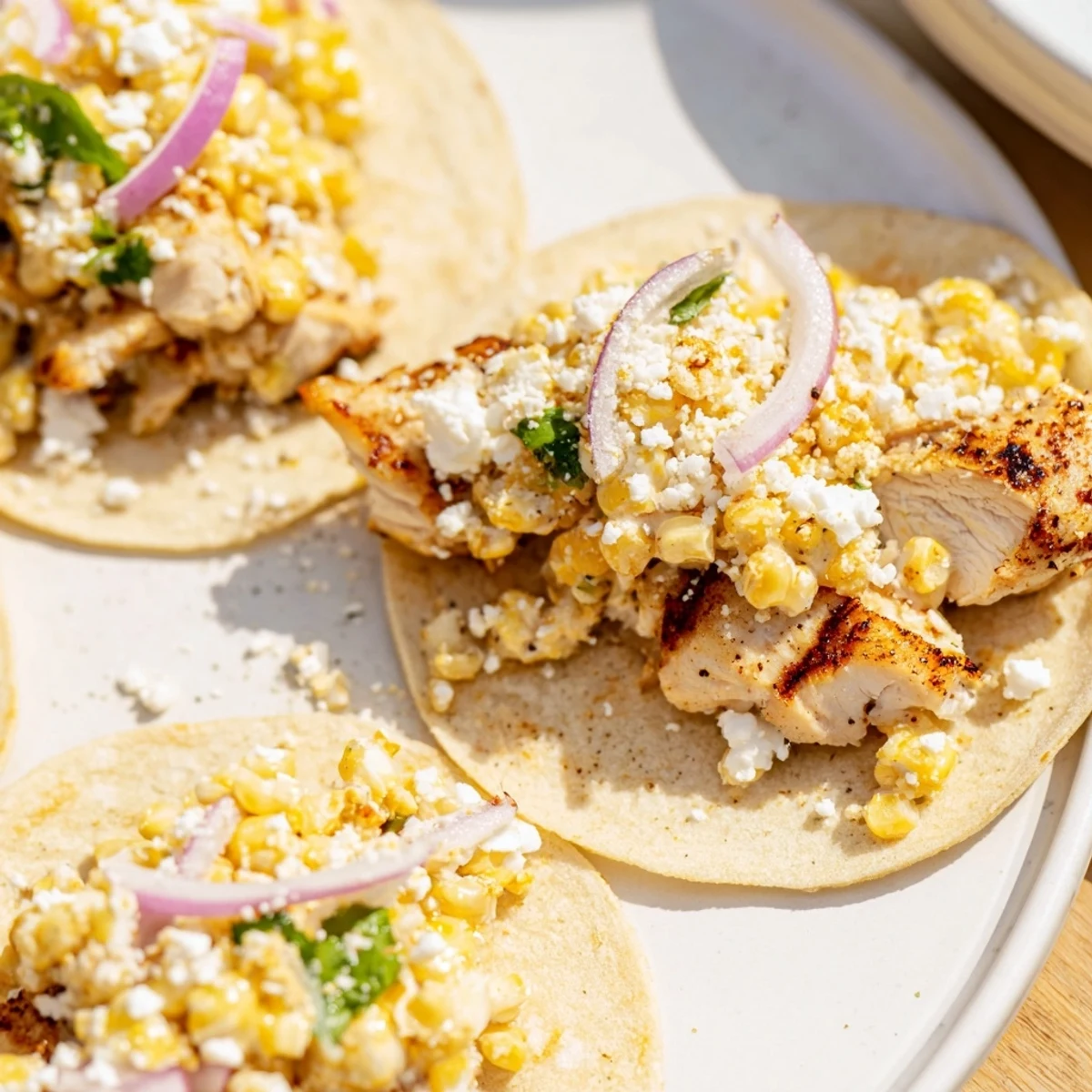 Crazy Good Street Corn Chicken Tacos garnished with fresh cilantro and lime.
