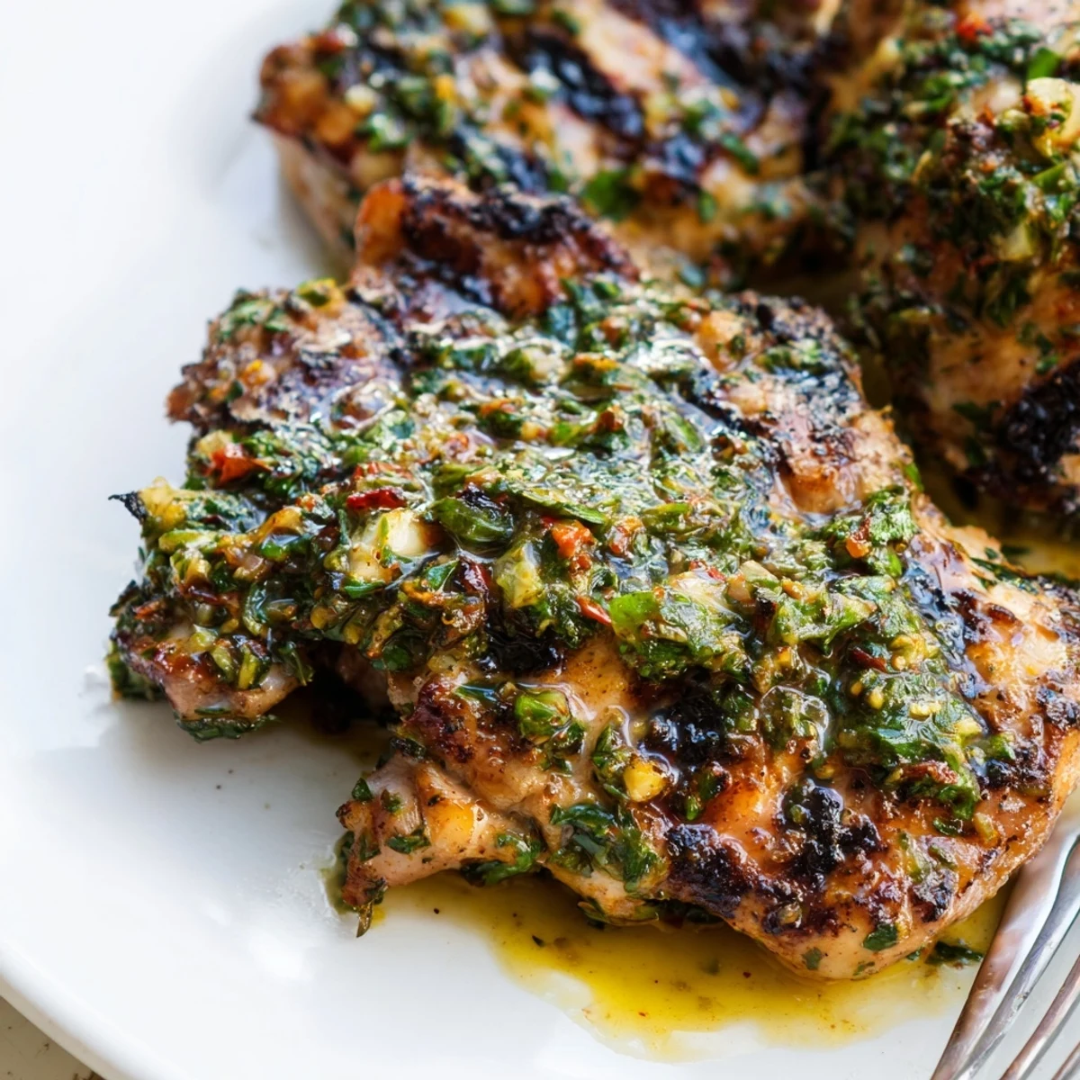 Juicy Chimichurri Chicken Thighs served with a fresh parsley and oregano marinade.
