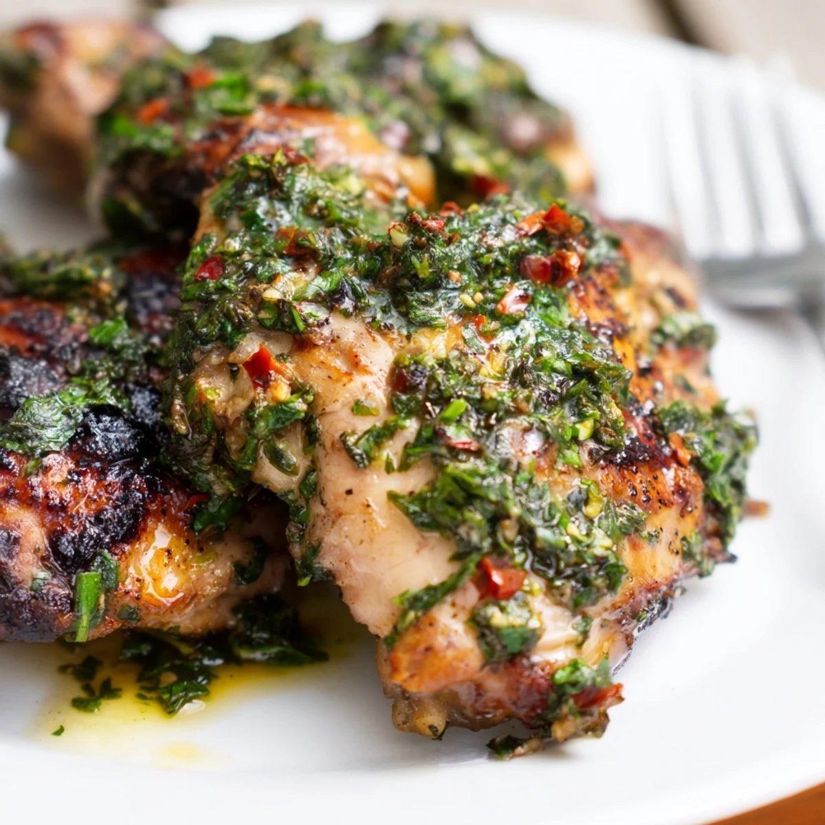Golden grilled Chimichurri Chicken Thighs topped with vibrant green herb sauce.