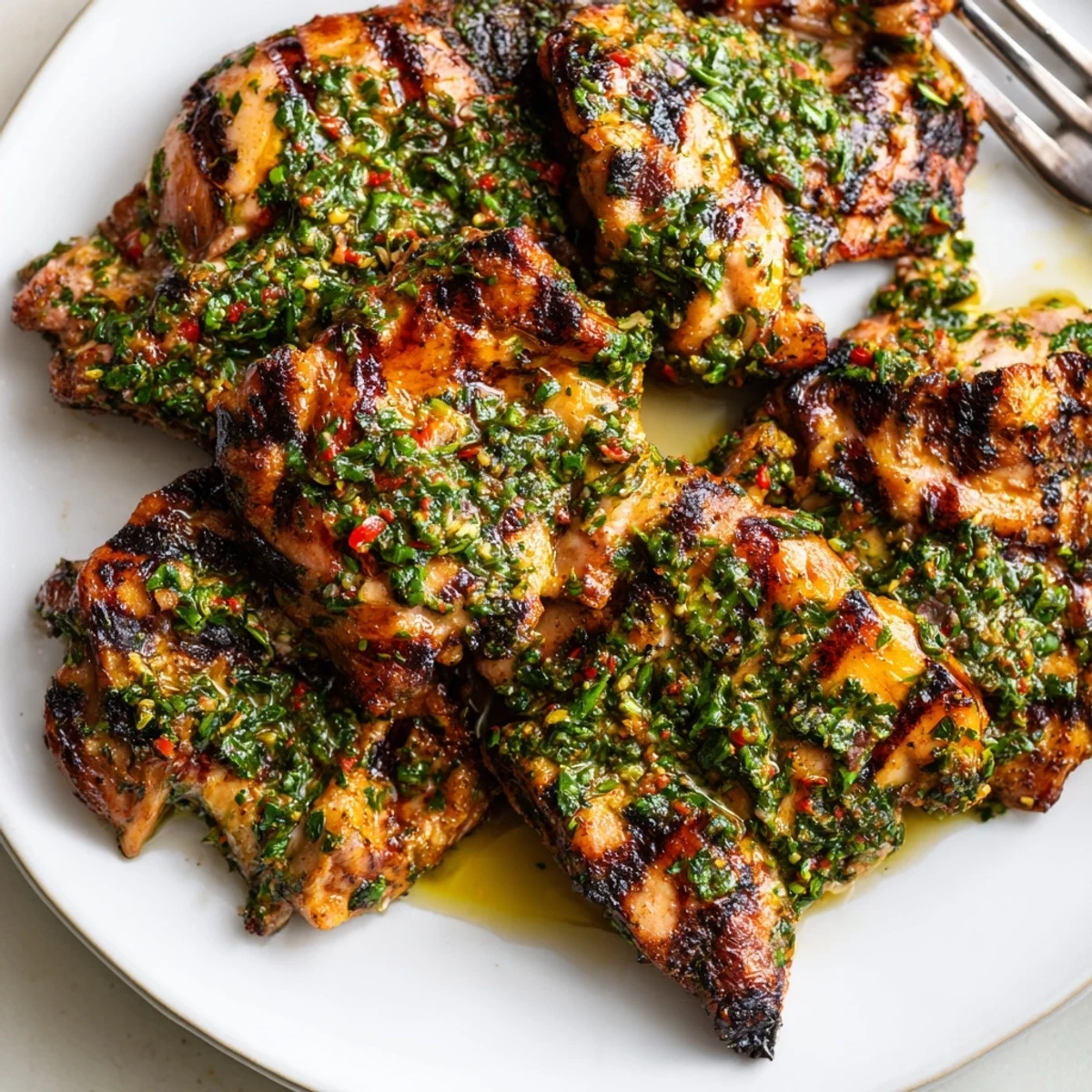 Sizzling Chimichurri Chicken Thighs drizzled with zesty sauce for a flavorful Argentine dish.