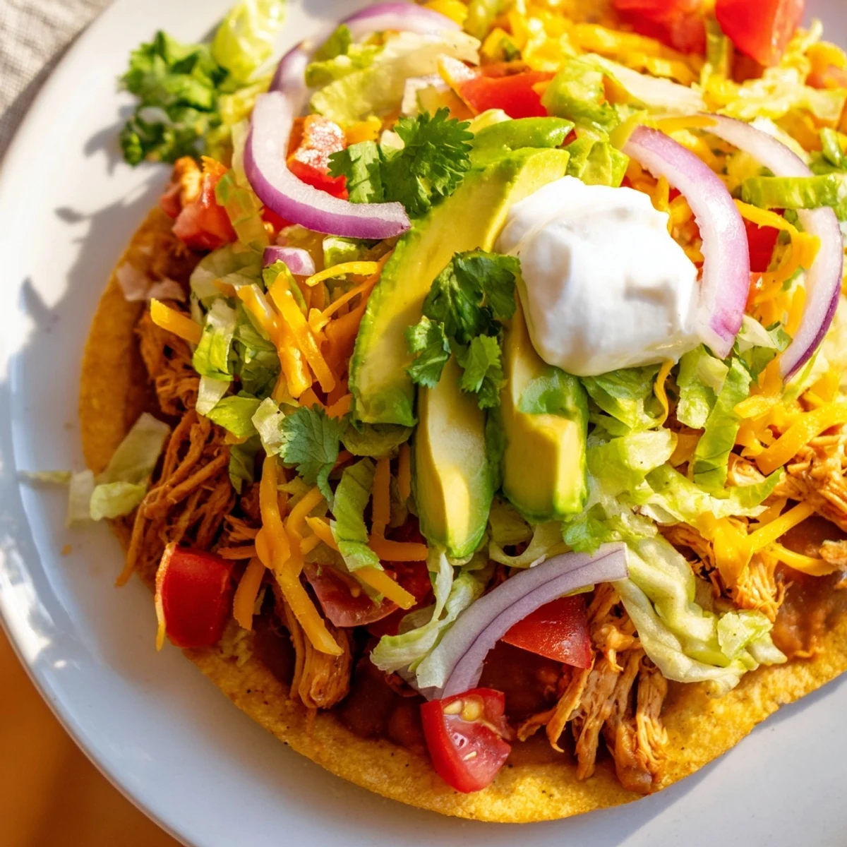 Golden corn tortillas loaded with spiced chicken, lettuce, and avocado slices.  