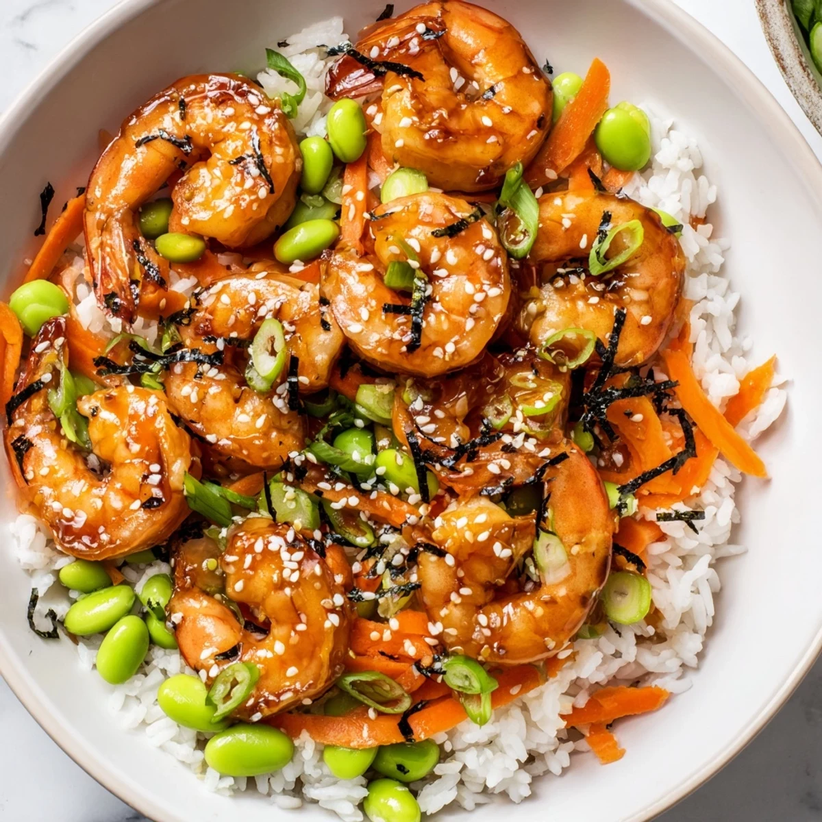 Glazed teriyaki shrimp served over fluffy rice with fresh vegetables.
