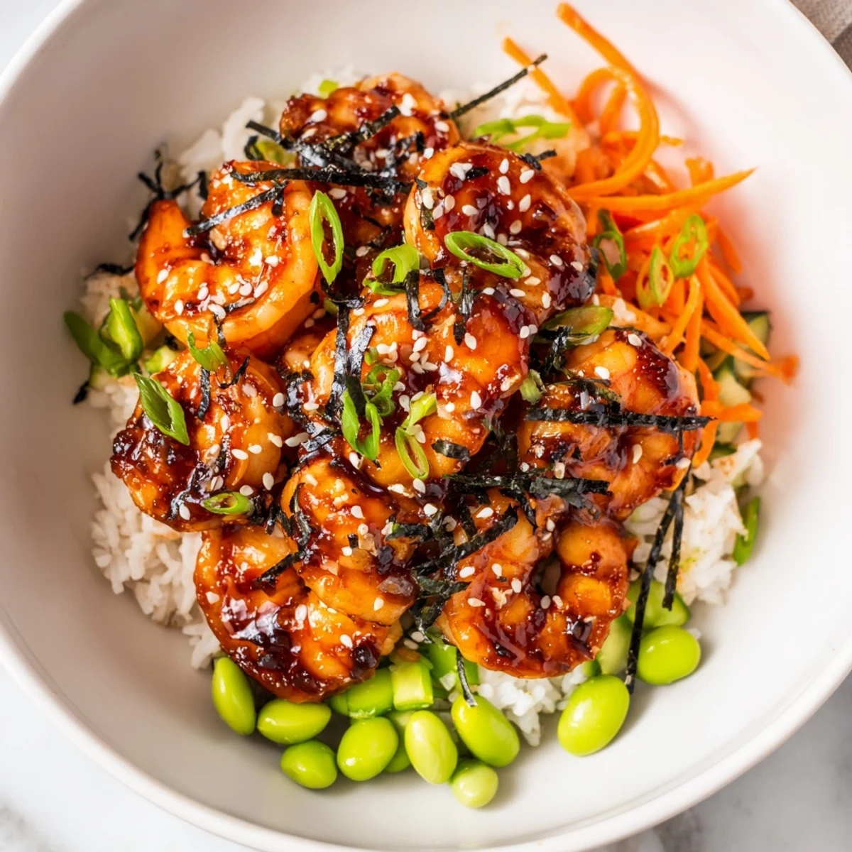 Vibrant bowl of teriyaki shrimp with crisp veggies and sesame seeds.