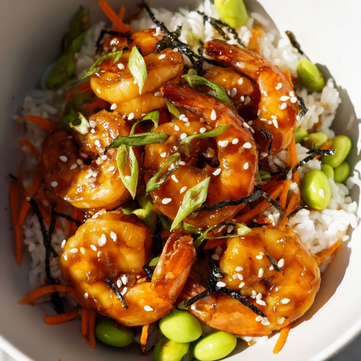 Succulent teriyaki shrimp over rice garnished with green onions and edamame.