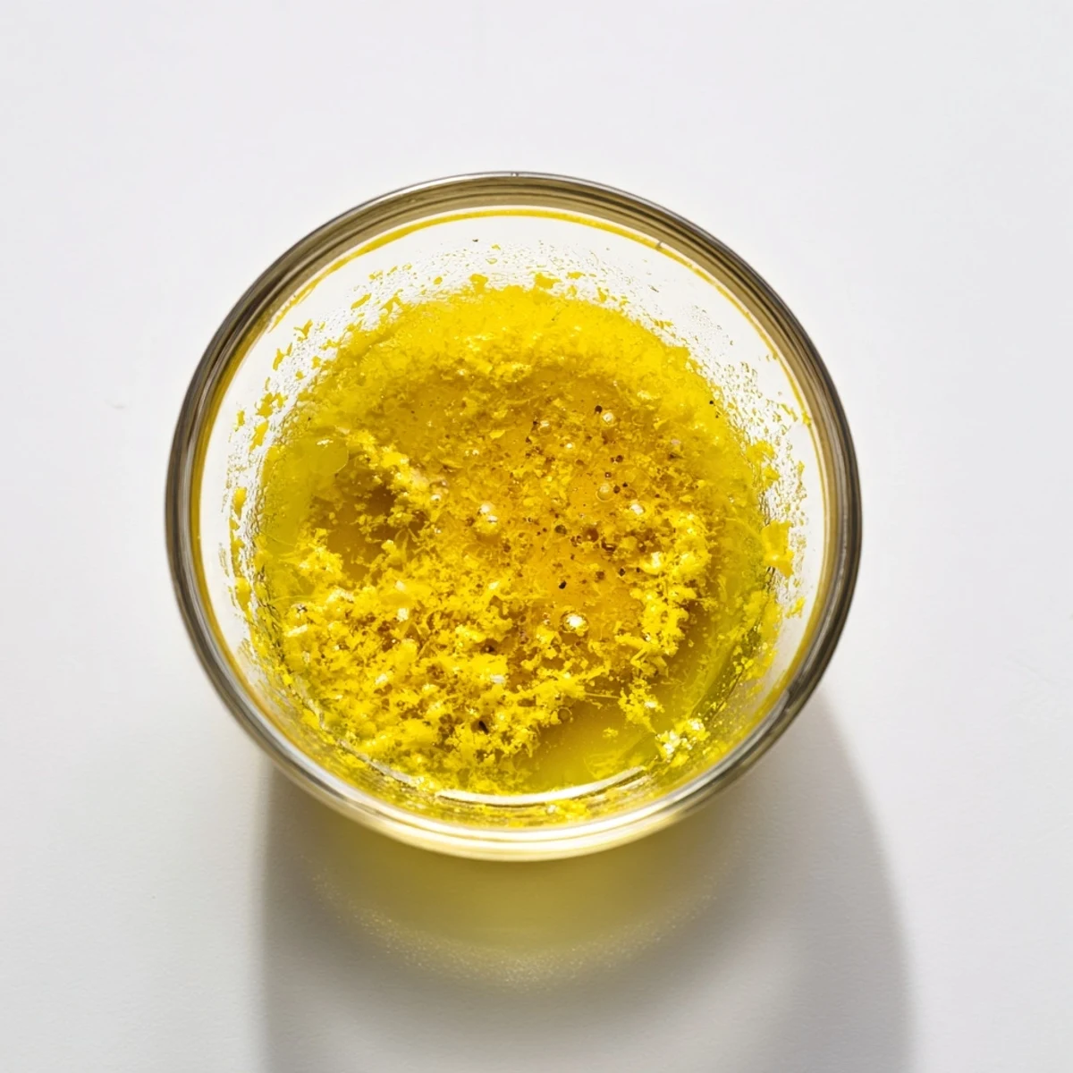 Golden lemon vinaigrette dressing recipe drizzled over crisp green salad leaves.  