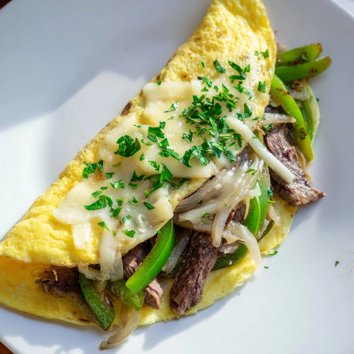 Fluffy folded omelette loaded with savory beef, onions, and gooey melted cheese.  