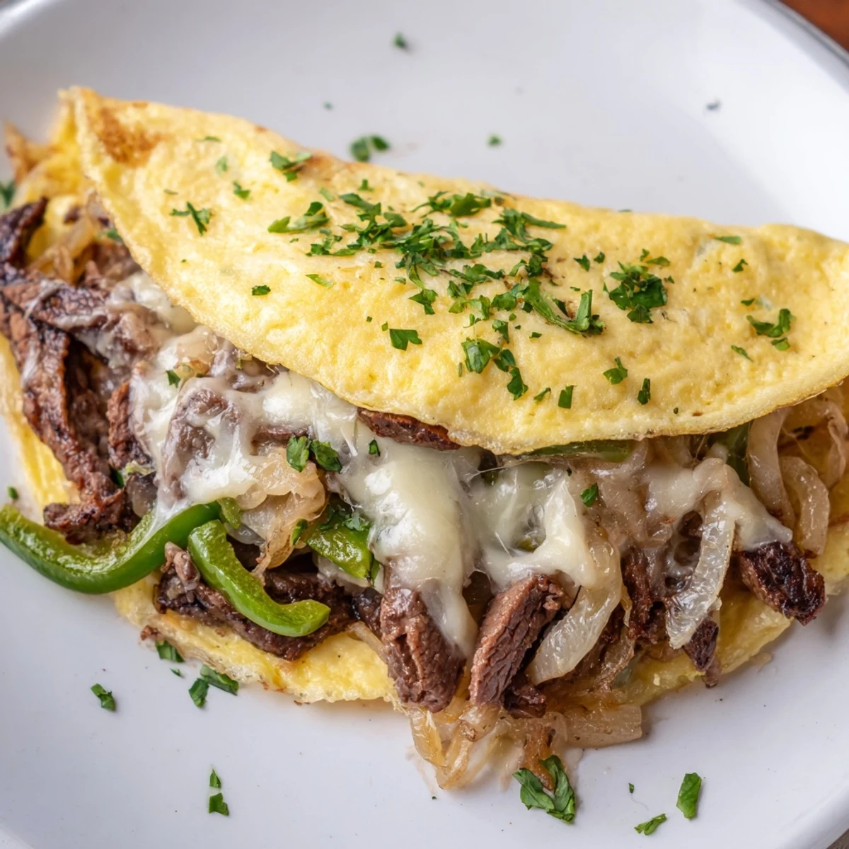 Hearty breakfast Philly cheesesteak omelette served hot with fresh parsley garnish.