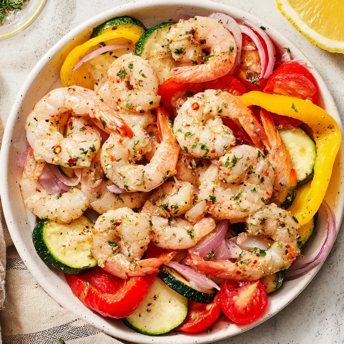 Golden sheet pan garlic butter shrimp roasted with colorful bell peppers and zucchini.