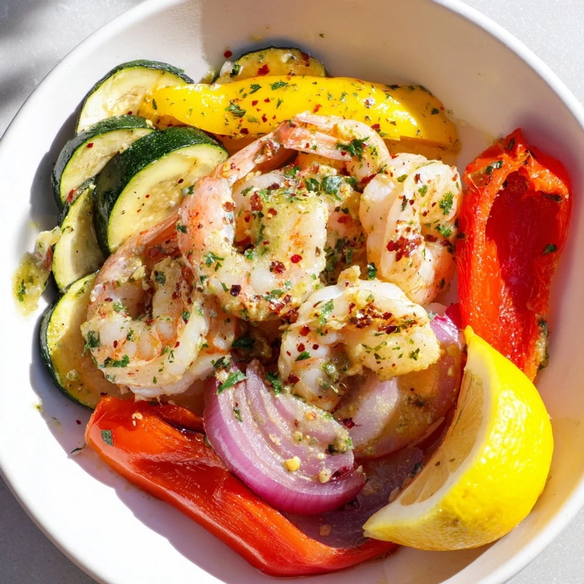 Juicy shrimp in rich garlic butter sauce served with roasted vegetables on a tray.
