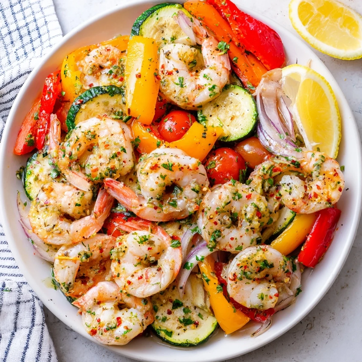 Delicious sheet pan garlic butter shrimp garnished with parsley and fresh lemon wedges.