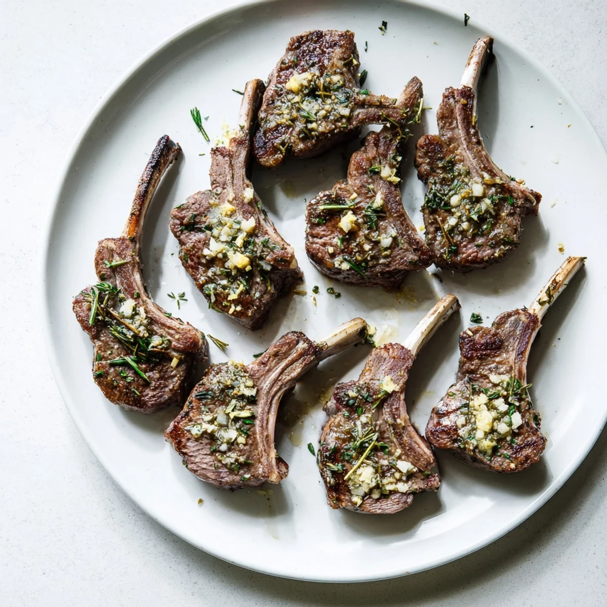 Golden herb garlic lamb chops seared to juicy perfection on a white plate  