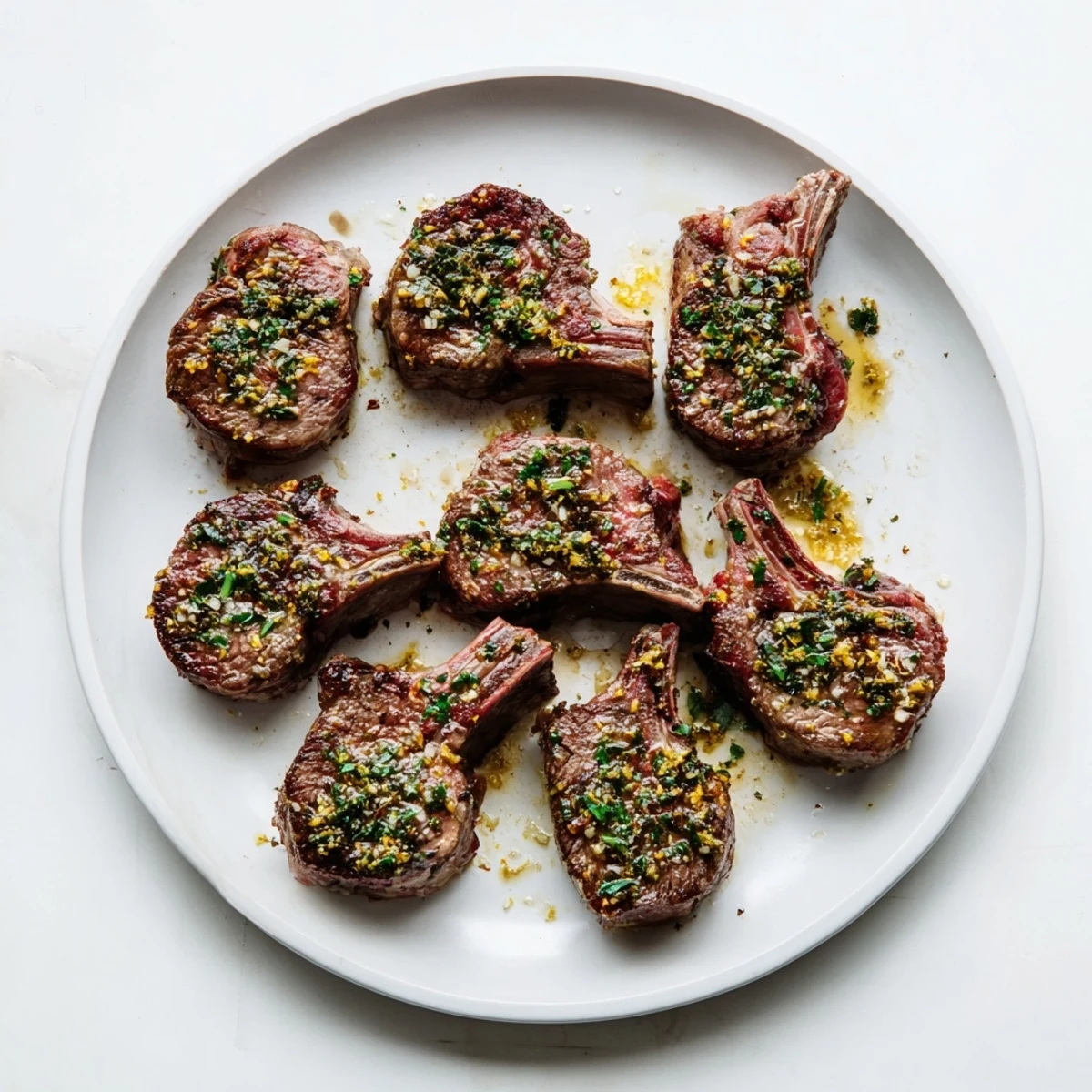 Pan-seared herb garlic lamb chops resting after cooking with aromatic herbs