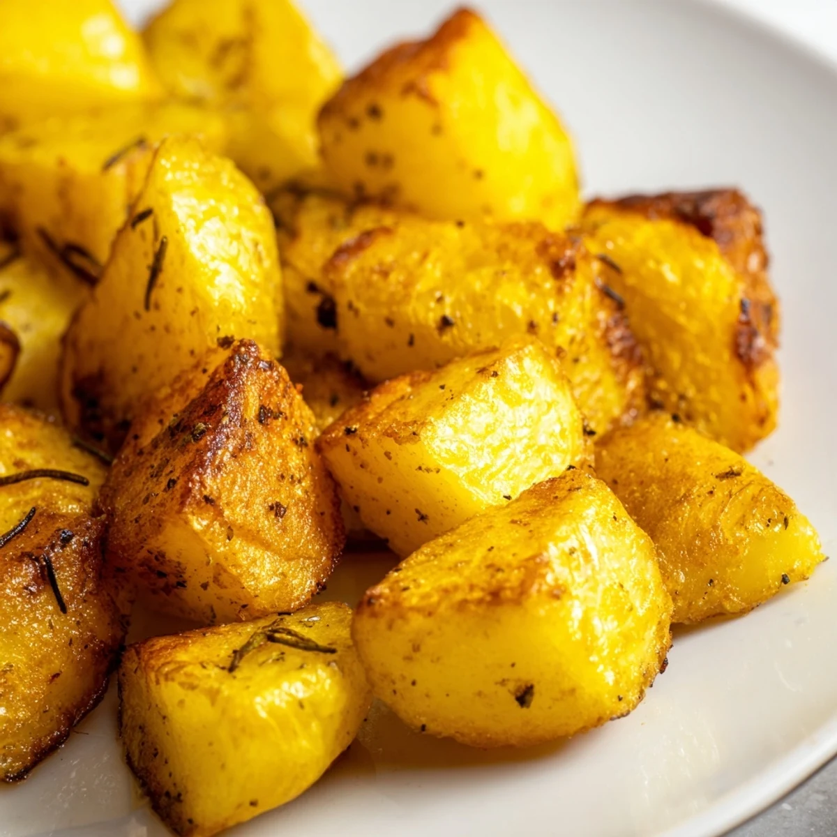 Golden roasted potatoes with crispy edges and fluffy centers served on a white plate.  