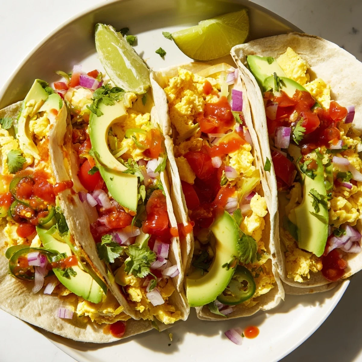 Warm tortillas filled with cheese and veggies in a hearty breakfast tacos recipe.  