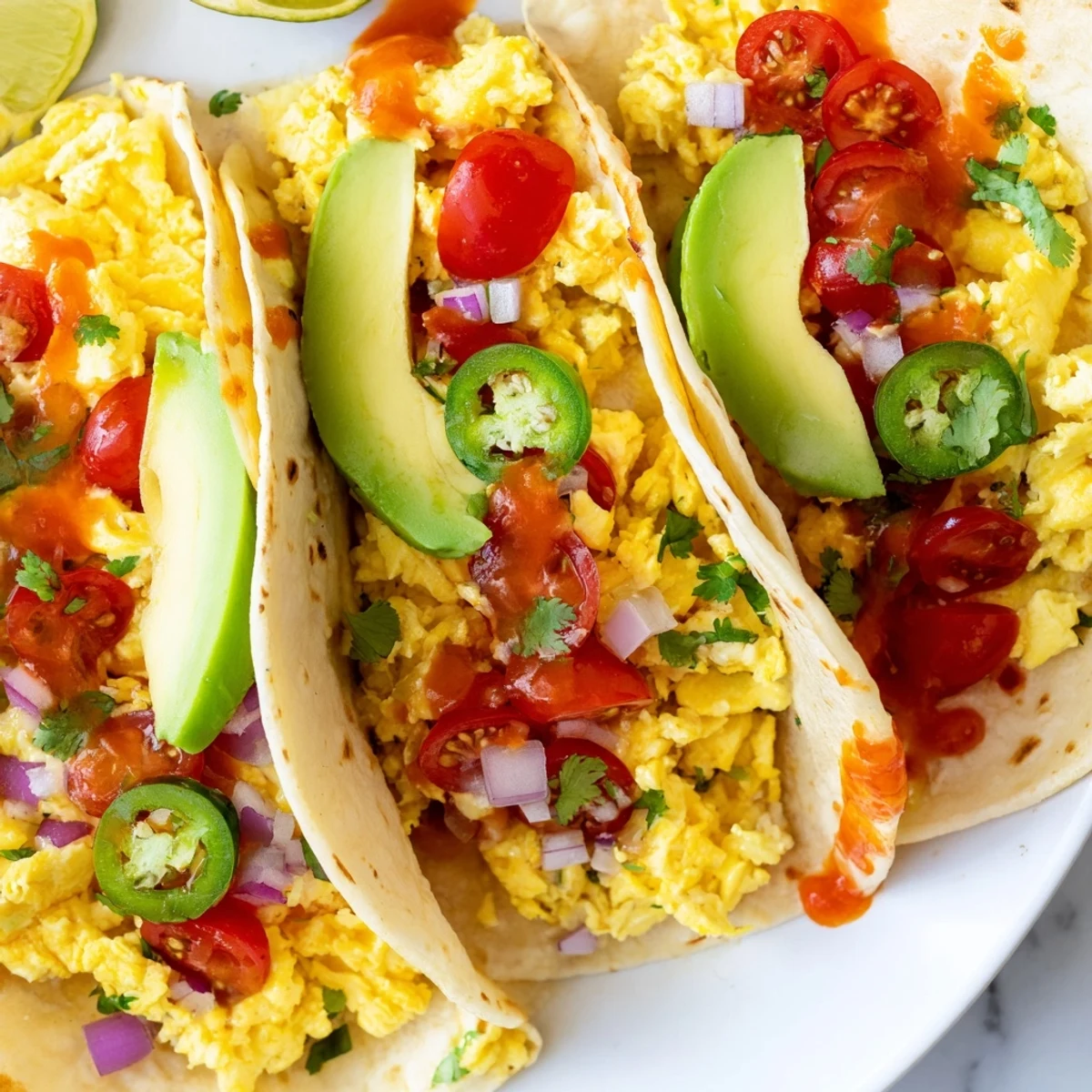 Fluffy scrambled eggs with fresh avocado in this vibrant breakfast tacos recipe.  