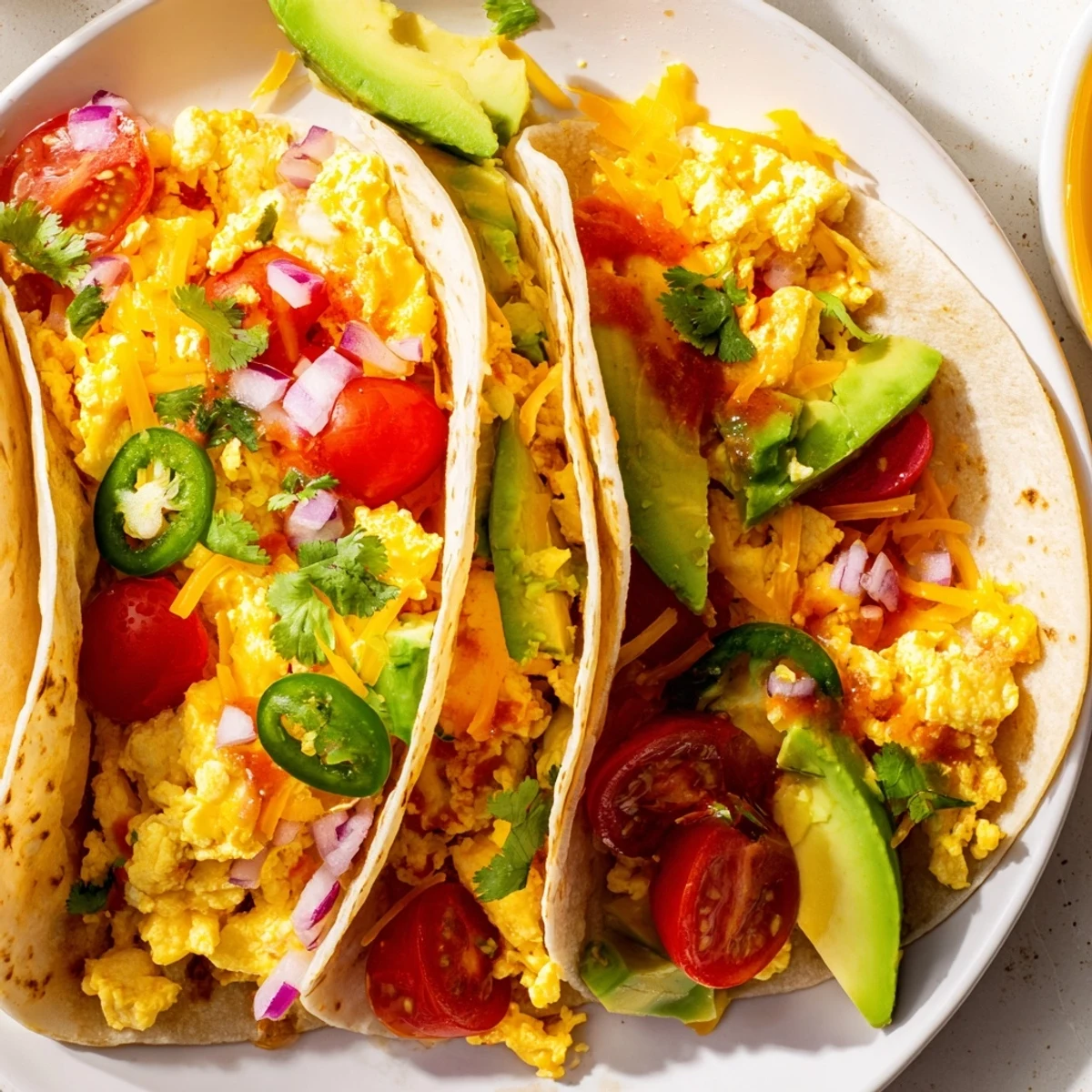 Savory morning meal featuring eggs, cilantro, and salsa in a breakfast tacos recipe.