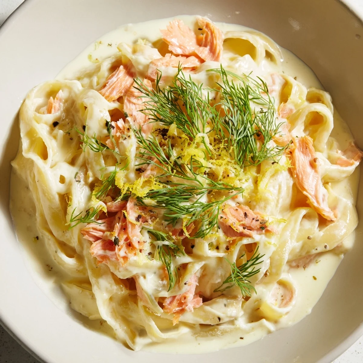 Luscious creamy hot smoked salmon pasta served with fresh dill garnish  