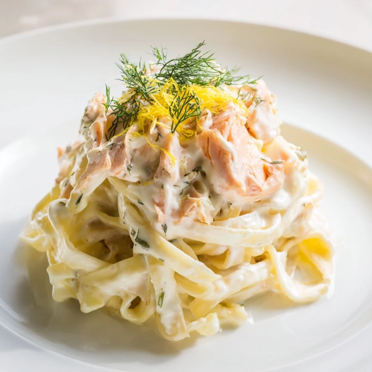 Tender fettuccine coated in silky cream sauce with flaky smoked salmon  