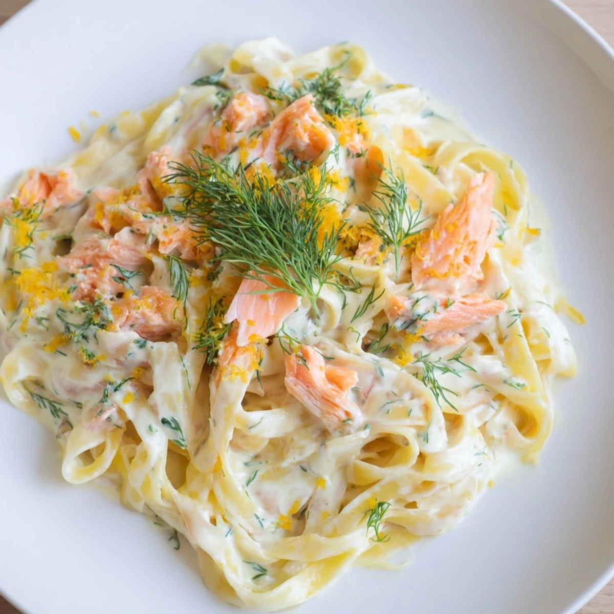 Hot smoked salmon pasta in a rich white wine cream sauce