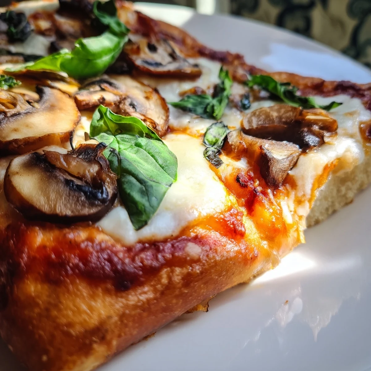 Slice of hot pizza with colorful toppings on a golden brown baked crust