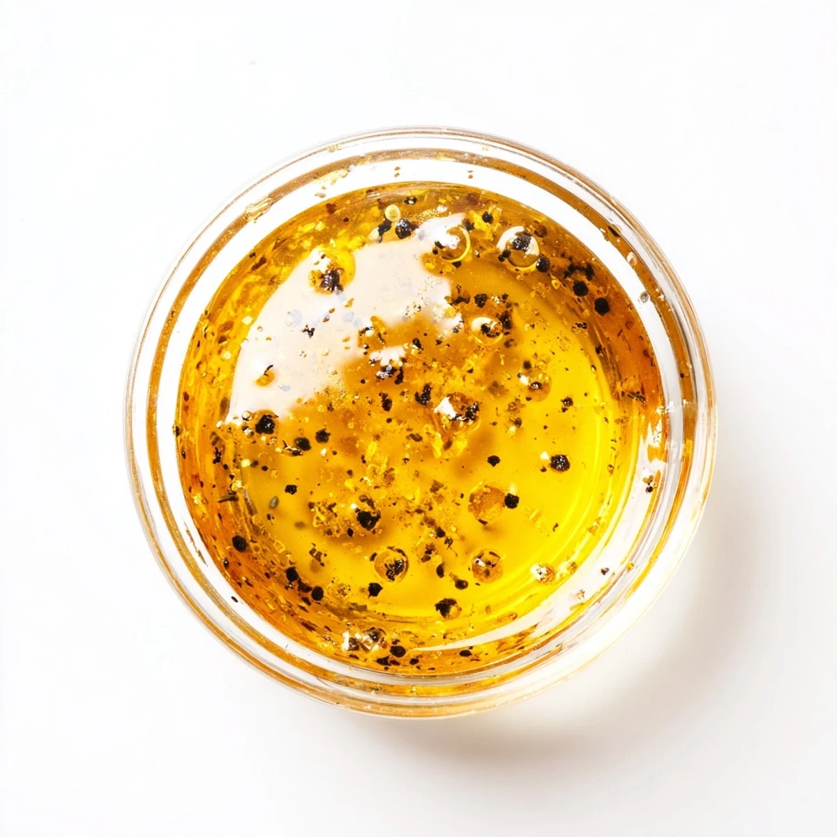 Golden honey vinaigrette drizzled over fresh green salad with vegetables.  