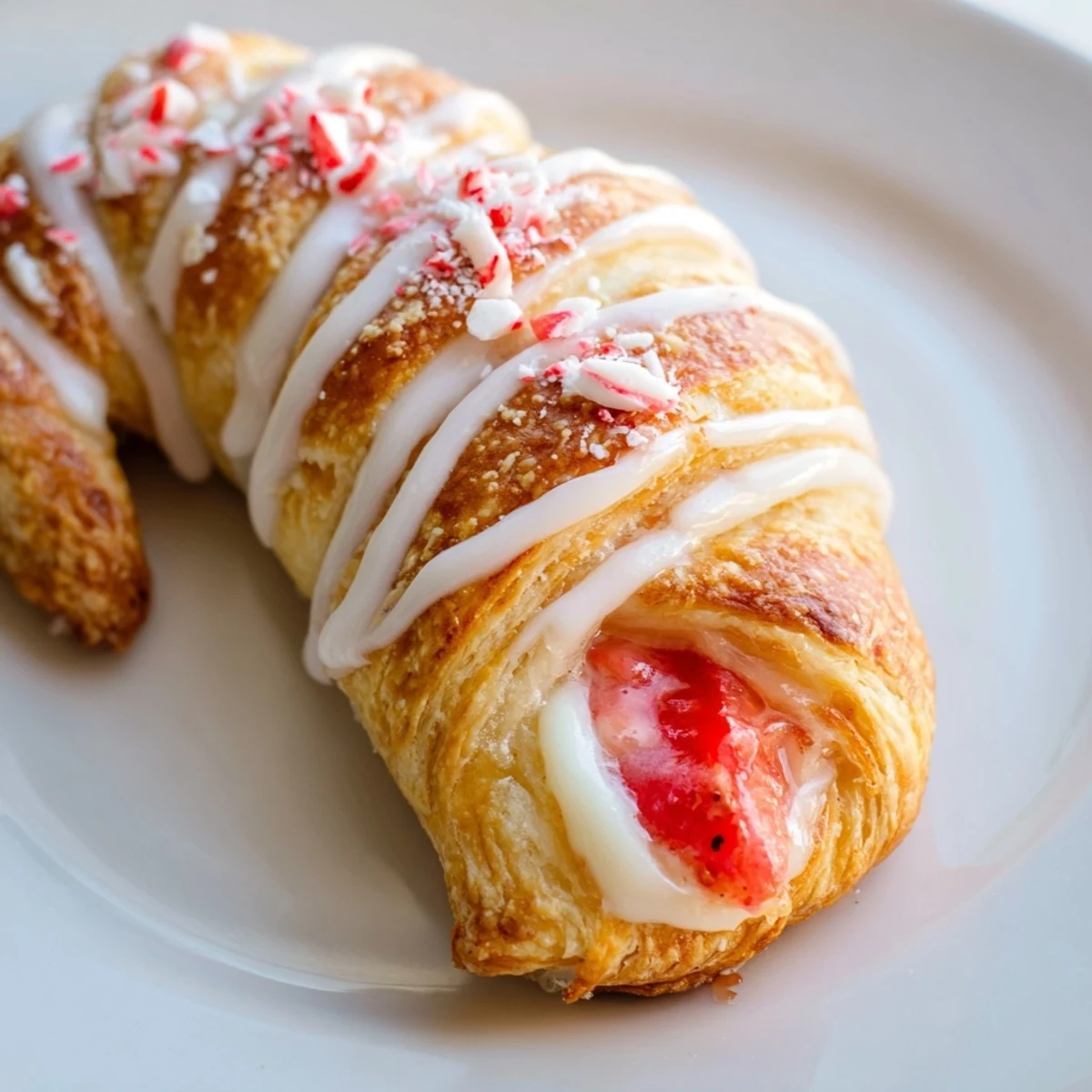Golden candy cane crescent pastry drizzled with white icing and peppermint crunch  