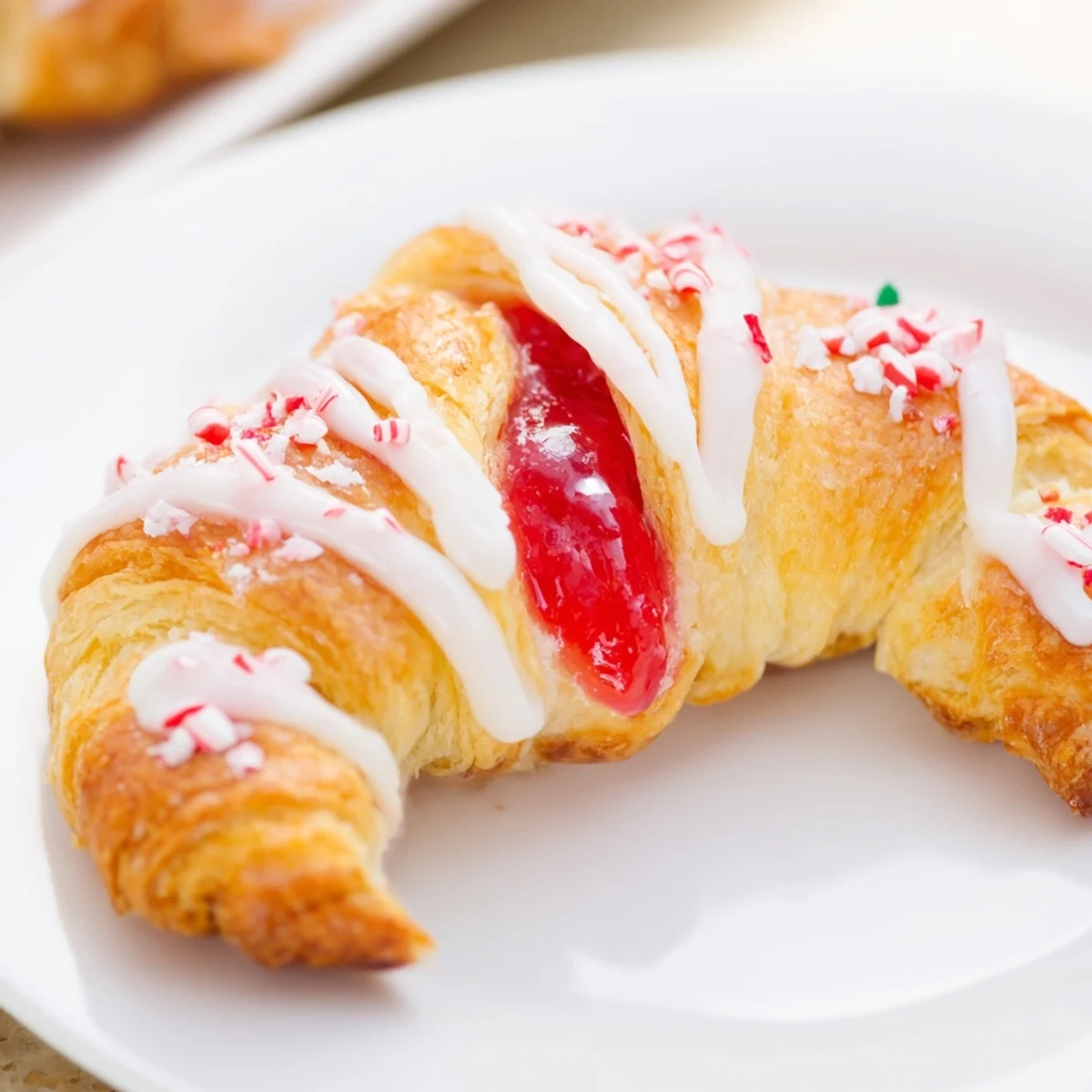 Festive candy cane crescent filled with strawberry cream cheese and topped with candy bits  