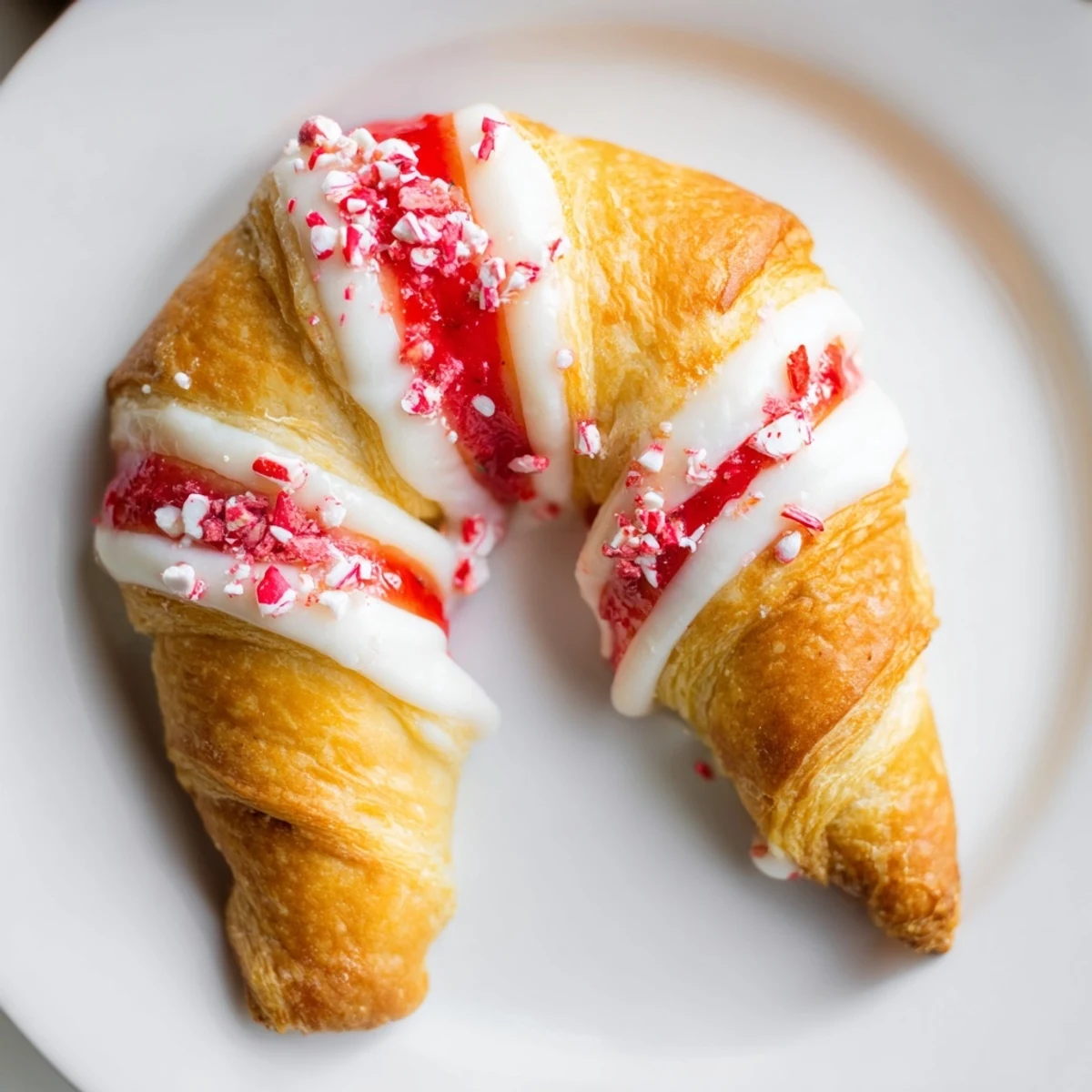 Baked candy cane crescent with sweet preserves and powdered sugar glaze for holidays