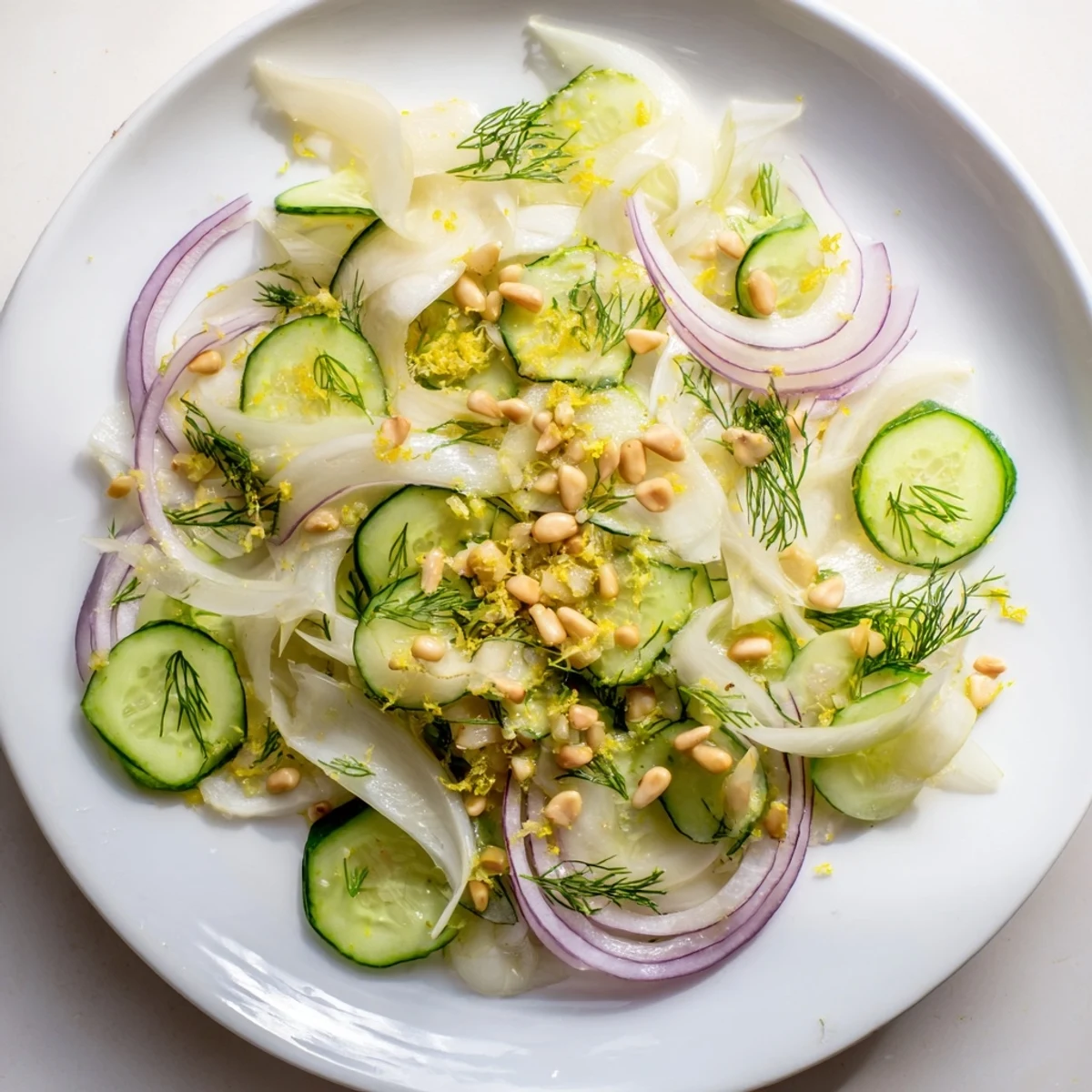 Vibrant bowl of crisp fennel cucumber salad topped with fresh dill.  