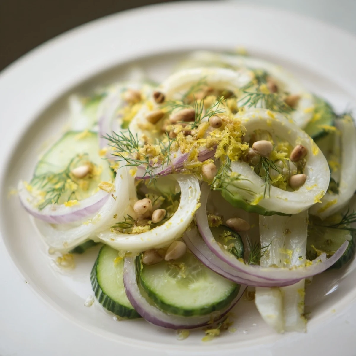 Refreshing fennel cucumber salad drizzled with zesty citrus dressing and pine nuts.  