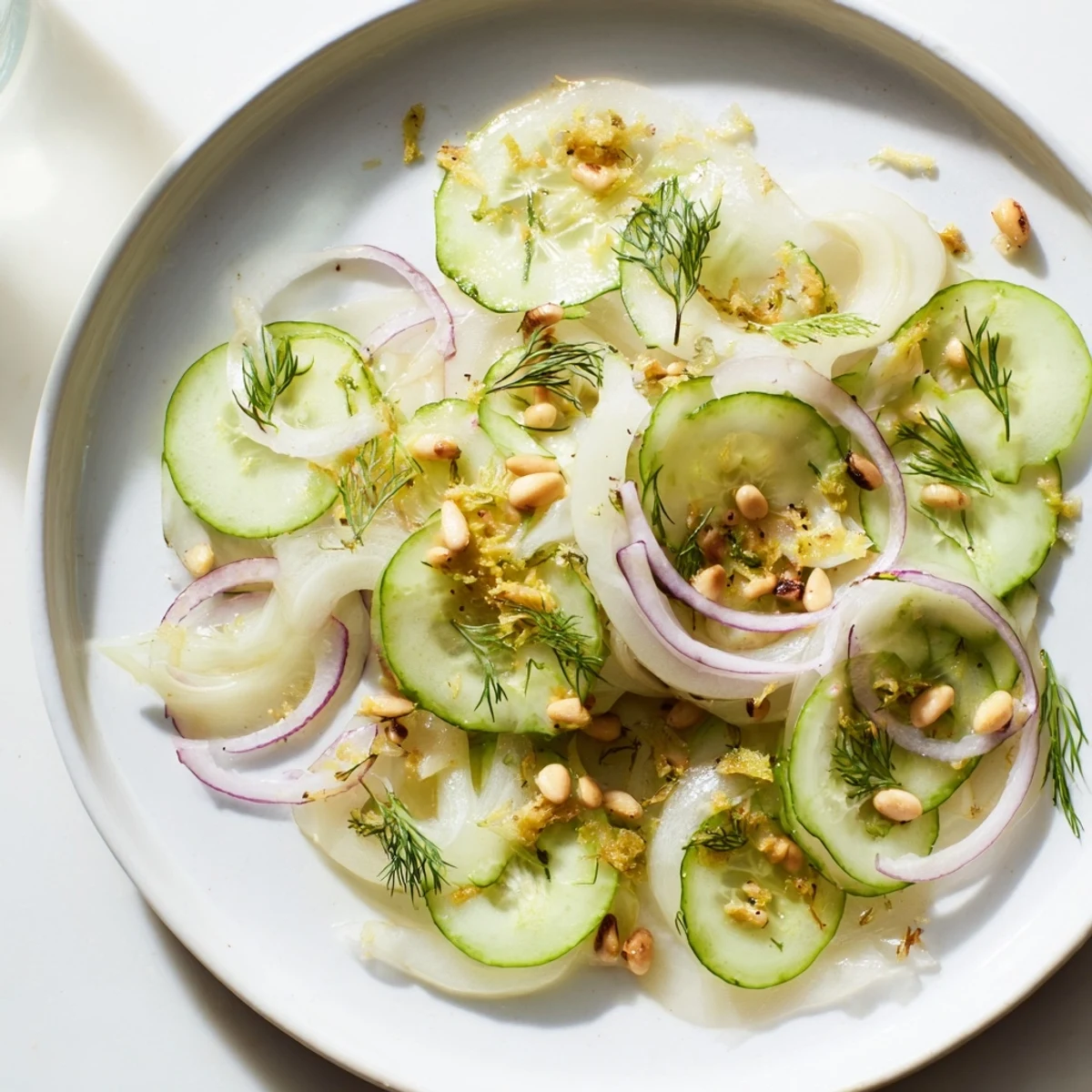 Thinly sliced fennel and cucumber salad garnished with lemon zest and dill.