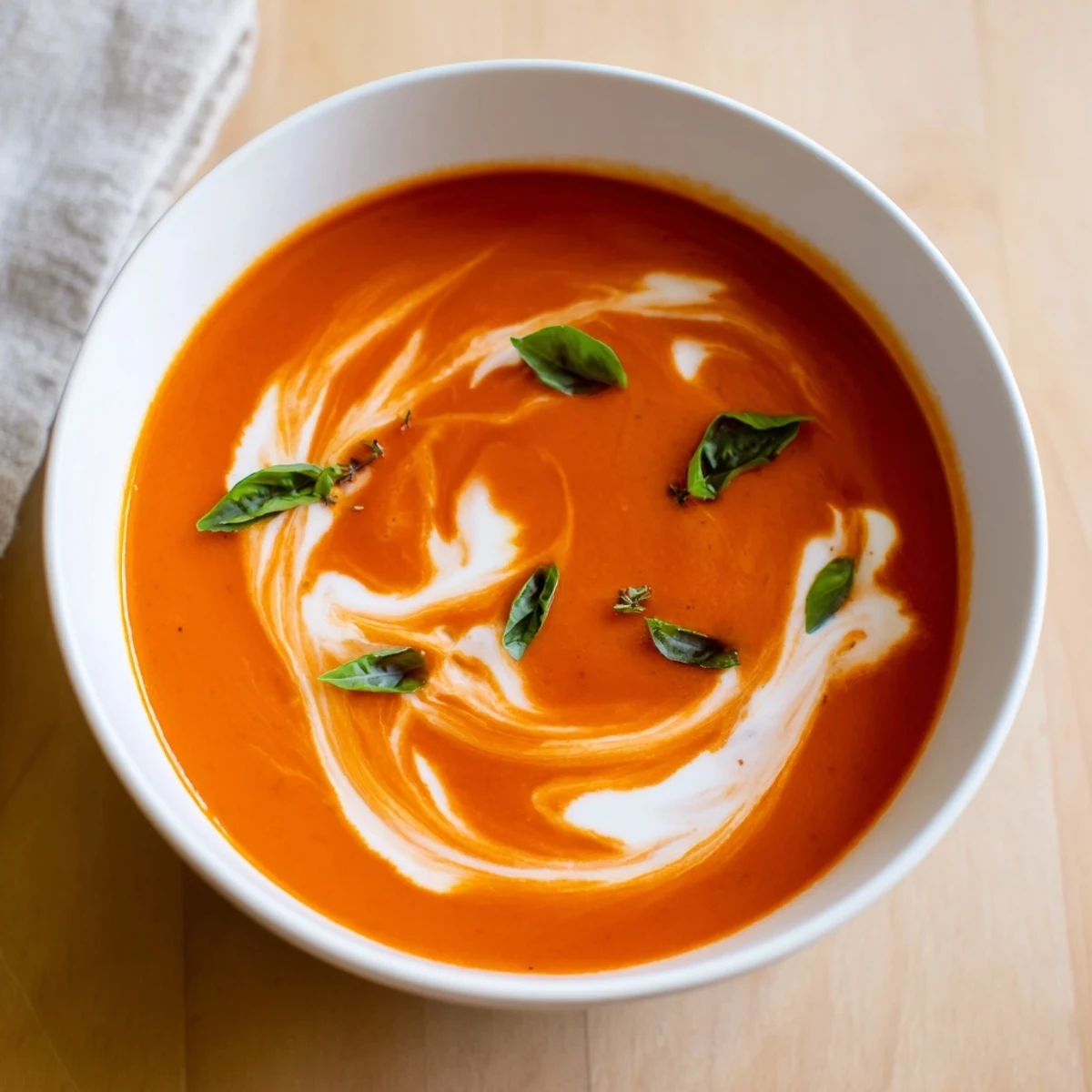 Bowl of creamy roasted tomato basil soup garnished with fresh basil leaves.