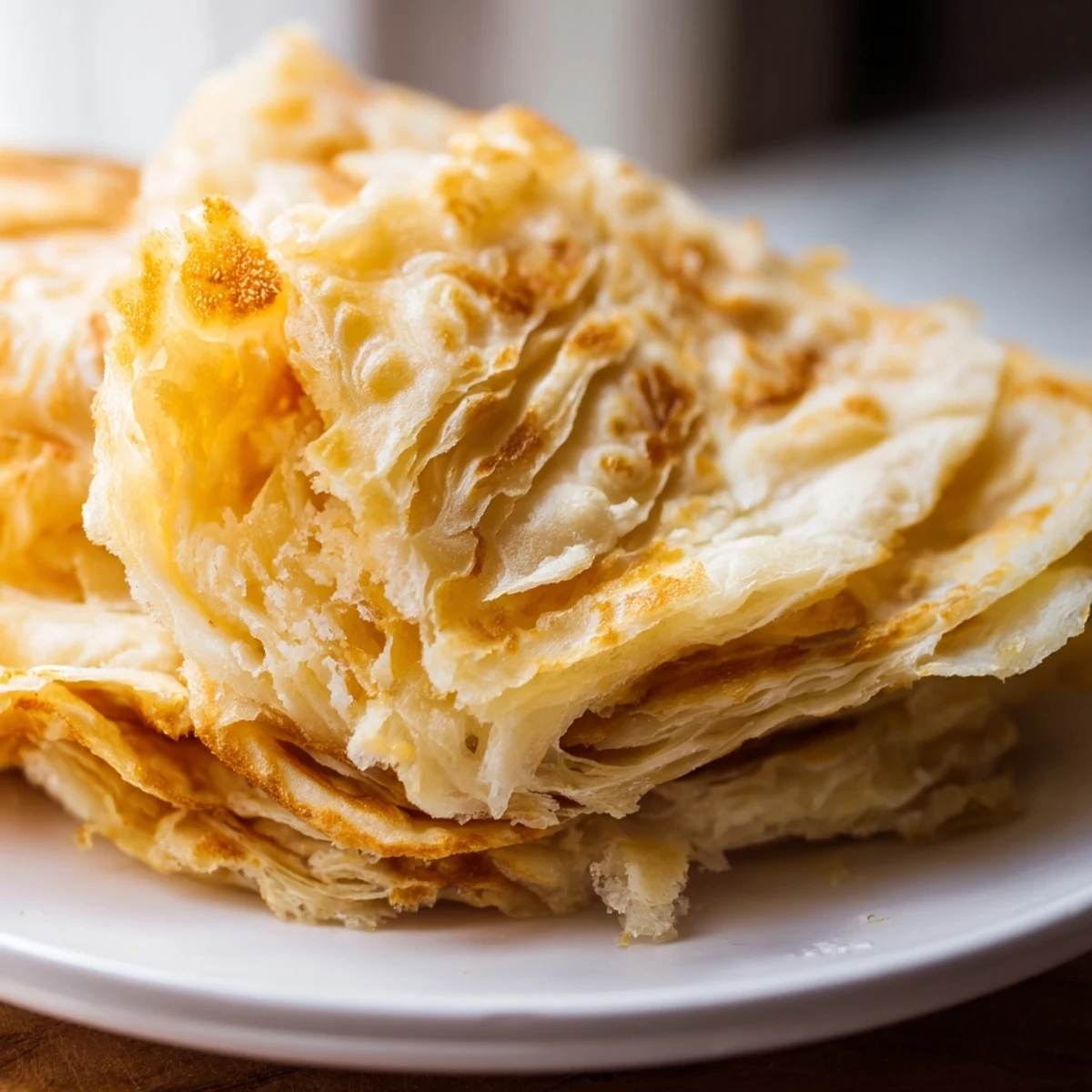 Hand-stretched Roti Canai with crispy layers and buttery texture on a plate  