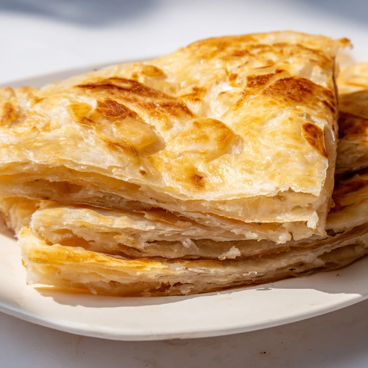 Golden flaky Roti Canai served with a side of rich curry  