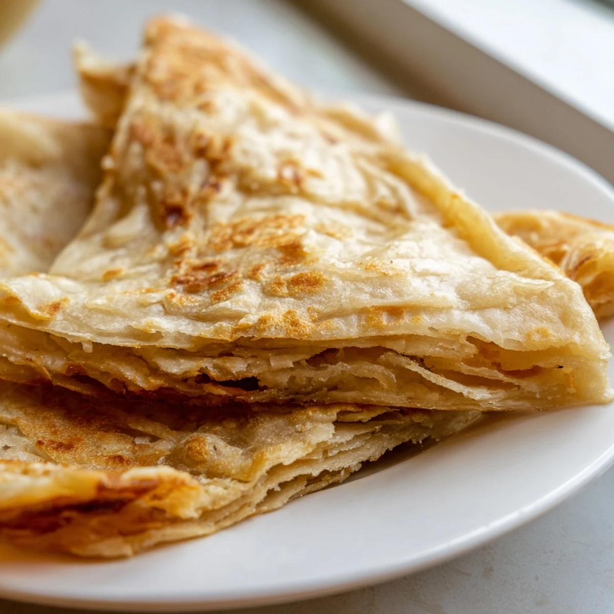 Hot Roti Canai bread torn apart to reveal its soft, airy interior